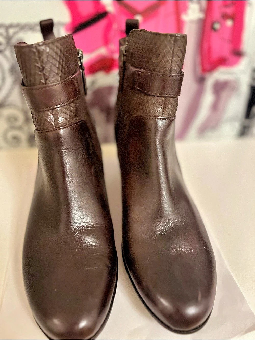 ECCO Chocolate Brown Leather Ankle Boots Snake Emboss Block Heel 41 (US 10-10.5)